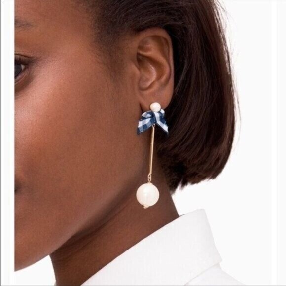 kate spade Jewelry - Kate Spade Blue White Buffalo Plaid Pretty Pearly Bow Drop Earrings